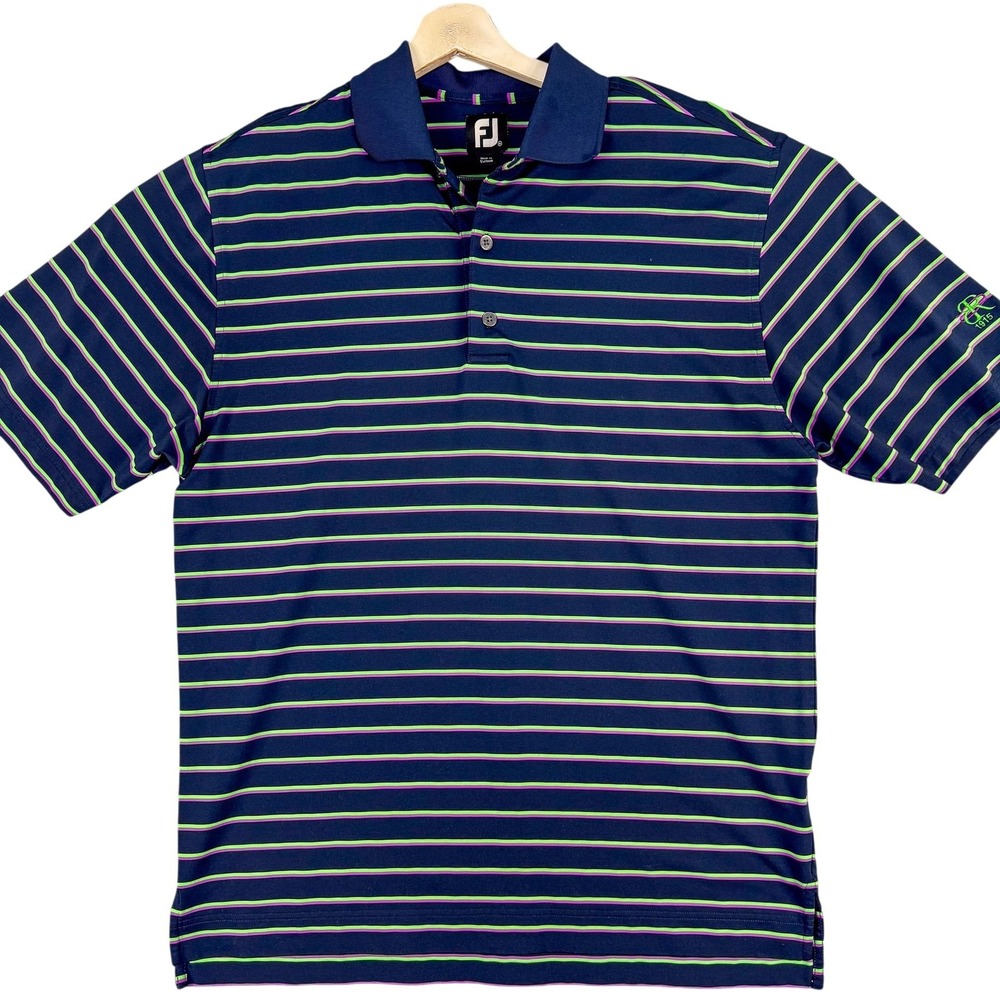 FootJoy Polo Shirt Mens Medium Navy Green Purple Stripe Golf Performance Stretch
